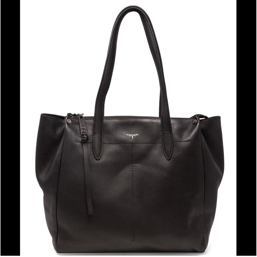 T Tahari Fallon Zip Top Pebble Leather Tote. Black